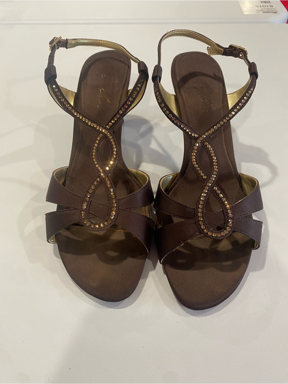Metaphor Brown T-Strap Heeled Sandals with Crystal Trim